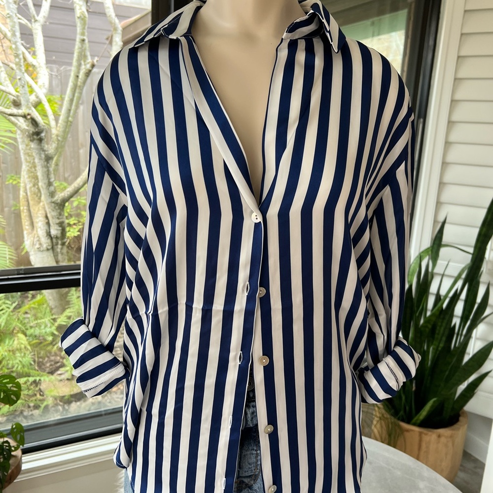 Navy and White Striped Blouse